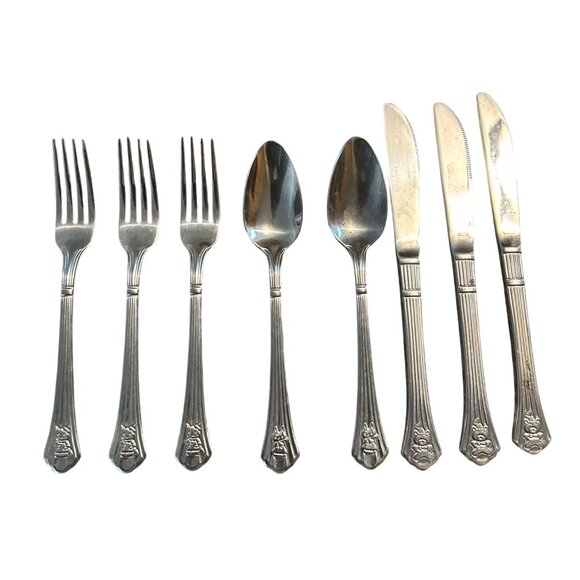 Estia ESI17 Stainless Flatware Set Of 8 With Animal bear Pattern silver disconti - Picture 1 of 5